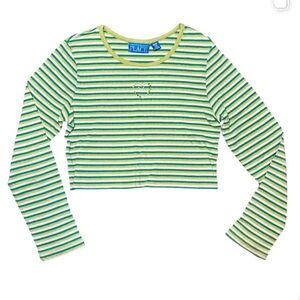 Green & White Striped Self Cropped Long Sleeve with Jeweled Heart
